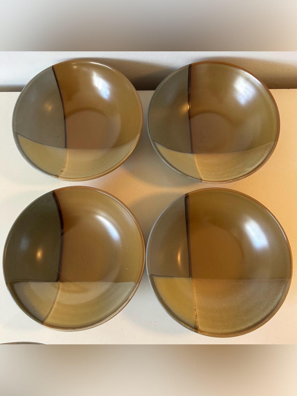 Sango Gold Dust Green Tan Beige Stoneware Soup Cereal Bowls SET 2